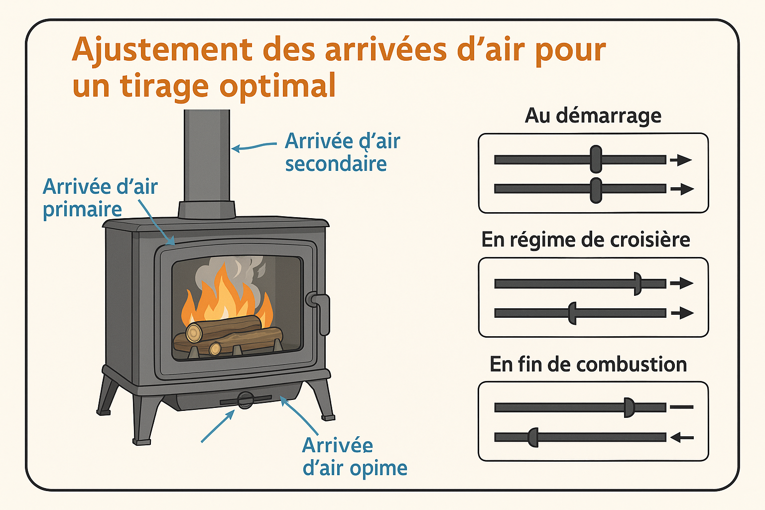Illustration du réglage des arrivées d’air d’un poêle